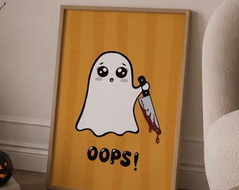 Grappige spookmuurposter, schattige en griezelige Halloweenposter, Oeps moordspook, duistere humoristische decoratie voor het spookseizoen, cadeau voor haar studentenkamer