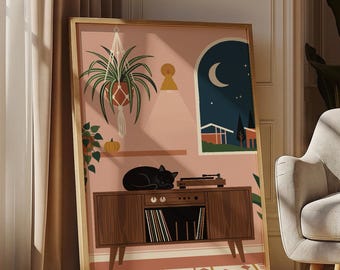 Black Cat Wall Art Print, Boho Mid Century Moon Night Poster, Retro Vinyl Record Player Cat Illustration, Pink Autumn Pumpkin Decor