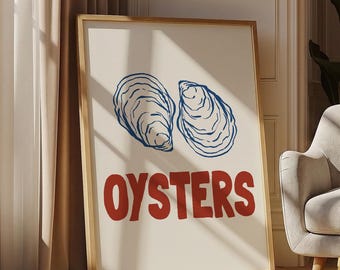 Muurdecoratie met oesterprint in opvallende typografie, retro keukenposter, marineblauwe en rode kustprint, vintage kunst van een vismarkt, printbare muurdecoratie