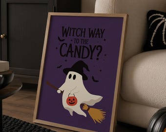 Paarse Halloween-print, heksenpad naar het snoepspook, muurdecoratie, grappige Halloween-poster, gotische heksenhuisdecoratie, direct te downloaden.