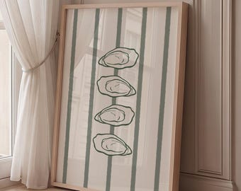 Saliegroene print met oesterstrepen, neutrale kustdecoratie voor de keuken, zomerse kustdecoratie, oesterschelp, zomerse prints met zeevruchten, strandmuurdecoratie
