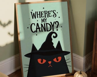 Saliegroene Halloween-print, muurdecoratie met zwarte kat en heksenhoed, 'Waar is mijn snoep?' poster, heksenachtige slaapkamerdecoratie, Halloween-printbare download