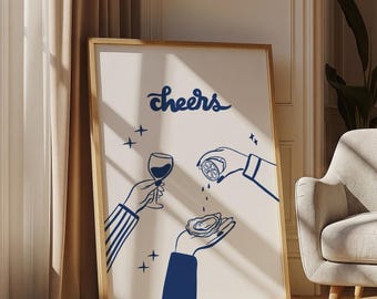 Print met oesters en wijn, blauwlijnkunstposter, muurdecoratie met oesterschelpen, decoratie voor een barwagen in kuststijl, decoratie voor strandhuizen en studentenappartementen.