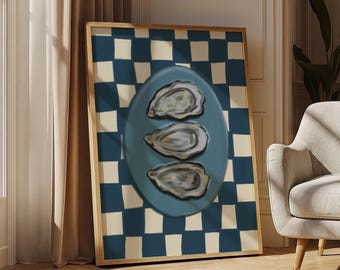 Navy Oyster Wall Art Print, Blue Checkered Kitchen Decor Oyster Shell Oil Painting, Coastal Grandmillennial Print Gift For Trendy Apartment