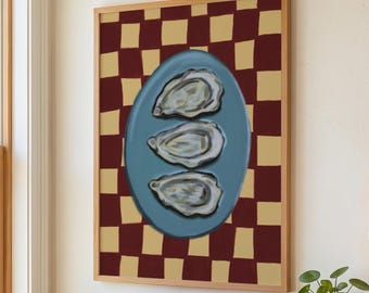 Muurdecoratie met oestermotief, schilderij van een blauw-rode oesterschelp, geruite keukendecoratie, print voor een barwagen in kuststijl, trendy appartement, digitale download