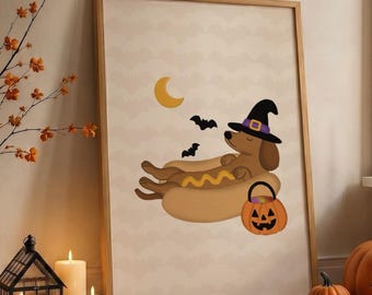Teckel Halloween print, Teckel heks, grappige hotdog kostuum muurdecoratie, schattige Trick or Treat Halloween poster, cadeau voor hondenliefhebbers en moeders