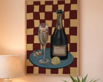 Bar Cart Wall Art Print, Champagne Glasses Painting Checkered Kitchen Decor, Cheers Print Coastal Trendy Apartment, Digital Download