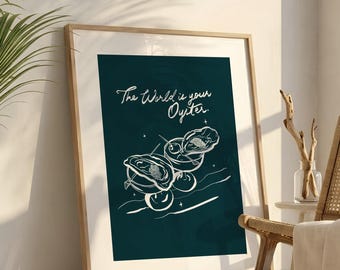De wereld ligt aan je voeten - print, turquoise oester muurdecoratie, poster met kustcitaat, nautische oceaanprint, grandioze millennial muurdecoratie, cadeau voor haar