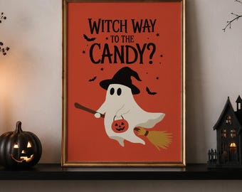 Oranje Halloween-print, heksenpad naar het snoepspook, grappige griezelposter, rustieke herfstdecoratie, printbare download