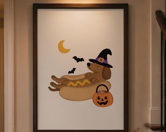 Halloweenprint met teckel, kunstwerk in heksenkostuum met teckel, grappige hotdog-muurdecoratie voor Halloween, decoratie voor trick-or-treat, cadeau voor hondenmoeders