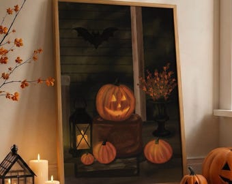 Sfeervol Halloween pompoen olieverfschilderij muurdecoratie, Jack-o'-lantern veranda print, donkere vintage Halloween Boo mand, cottagecore herfstdecoratie