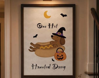 Een spookachtige teckel muurdecoratie, Halloween print met een teckel, grappige print met een hotdogkostuum, teckelheks poster, leuk Halloween decoratiecadeau
