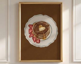Pannenkoekenontbijt schilderij, Aardbeienbrunch muurdecoratie retro poster, Zoete keuken eetkamer eten decoratie, Stilleven café olieverfschilderij