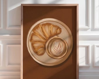 Schilderij met croissant en koffie als ontbijt, Franse bakkerij brunch muurdecoratie, koffiebar poster, retro keukendecoratie, café print cadeau voor koffieliefhebber