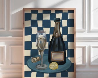 Marineblauwe barwagen wanddecoratie, blauw geruite keukendecoratie, champagneglazen olieverfschilderij, kustprint met proostmotief, cadeau voor haar in een trendy appartement