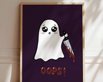 Grappige spookmuurposter, paarse gotische kawaii Halloweenposter, Oeps moordspook, griezelige schattige donkere decoratie voor studentenkamer, cadeau voor haar