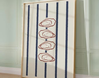 Print met zomerse oesters, muurdecoratie in kusthuisstijl, poster met nautische strepen, print met oesterschelpen en zeevruchten, printbare poster van de oostkust
