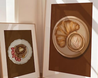 Franse Italiaanse cafékeuken schilderij muurdecoratie set van 2, koffie en croissant pannenkoek brunch print set ontbijthoek decoratie food posters cadeau