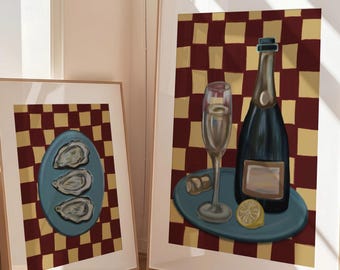 Set van 2 printbare kunstwerken met oesters en champagne, trendy keukendecoratie met een rood-blauwe oesterschelp in olieverf, kustthema voor op een barwagen, girly muurdecoratie