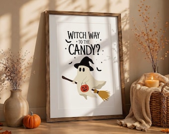 Halloween-print met heksenmotief naar het snoep, spookmuurdecoratie, grappige Halloweenposter, printbare afbeelding van een vliegende heks, griezelige herfstdecoratie voor thuis in oktober.