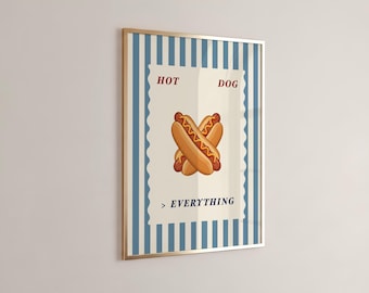 Grappige hotdog muurdecoratie, Hotdog > Alles printbaar, Patriottische keukendecoratie, Keukenprint voor een barbecuefeest op 4 juli, 250-jarig jubileum