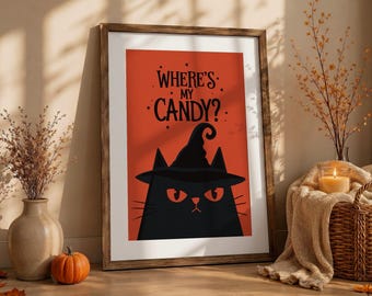 Oranje Halloween-print, muurdecoratie met zwarte kat en heksenhoed, poster 'Waar is mijn snoep?', printbare herfstdecoratie, rustieke Halloween-download
