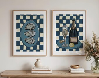 Navy Oysters & Champagne Set of 2 Printable Art, Blue Checkered Kitchen Decor Oyster Shell Oil Painting, Coastal Bar Cart Print