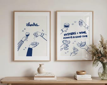 Set met prints van oesters en wijn, blauwe lijntekening, decoratie voor een barwagen in kuststijl, set van 2 strandposters voor aan de muur, oesterposter als cadeau voor haar, digitale download