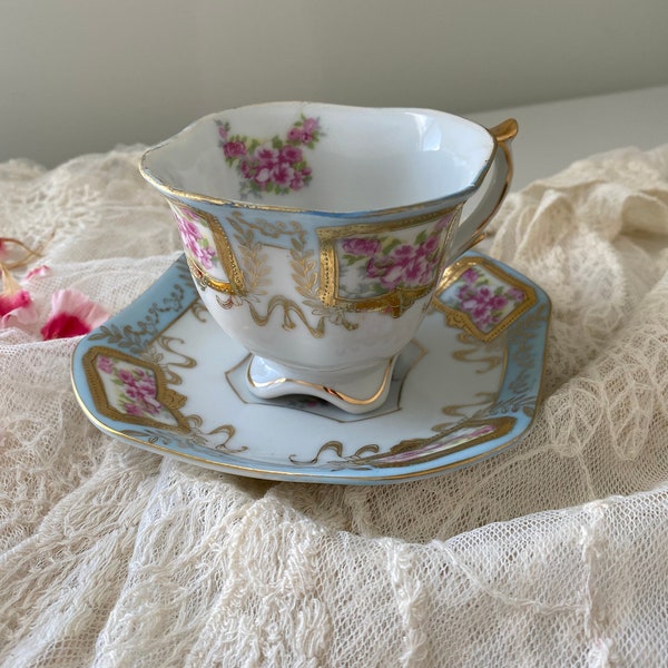 Gorgeous Handpainted Antique Footed Teacup & Saucer, Shafford Japan