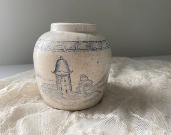 Antique Rustic Blue & White Ginger Jar