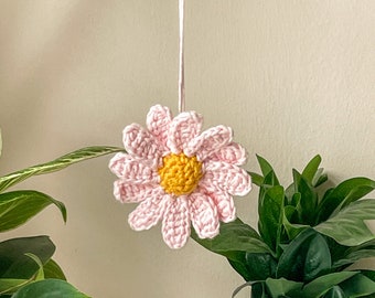 Baby Pink Crochet Daisy Car Charm | Hanging Flower Pendant | Rear View Mirror Accessory |