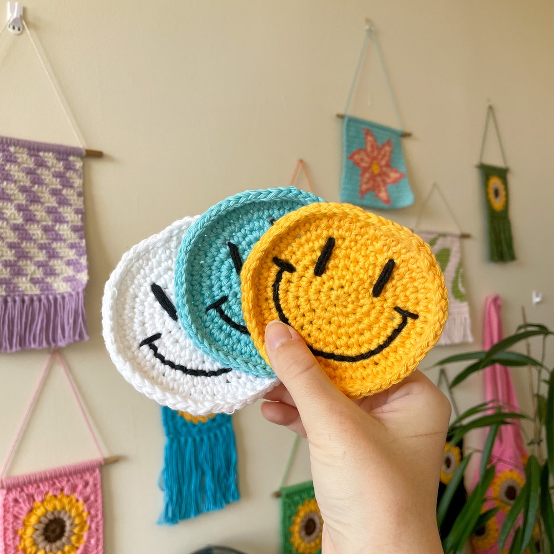 Smiley Face Coasters Crochet Home Decor Custom Handmade Etsy