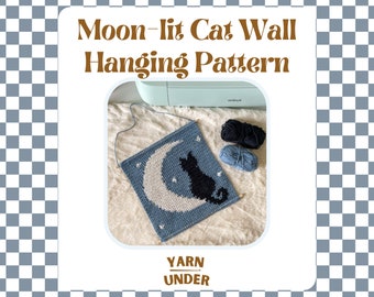 PDF / Patrón para colgar en la pared de un gato iluminado por la luna en crochet / Decoración del hogar de Halloween / Tapiz / Intarsia