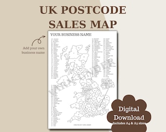 Personalisable UK Postcode Sales Map | Business Sales Tracker | Printable Colour In Map | Digital Download