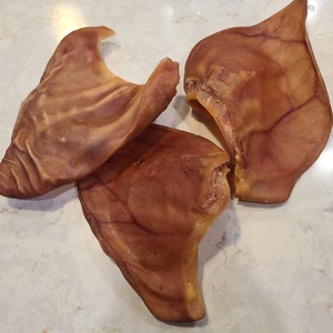 May include: Three brown pig ears, a popular dog chew treat, are arranged on a white countertop.