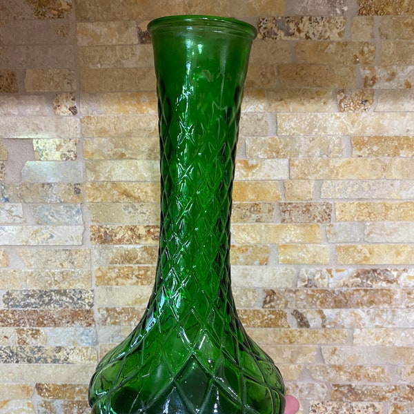 Vintage green glass vase. Green pressed glass vase
