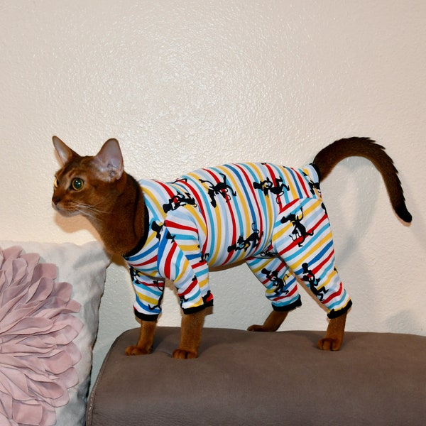 XXS-XXL Pyjama pour chat mince, pyjama pour chat, vêtements confortables pour animaux de compagnie en coton à nœuds.