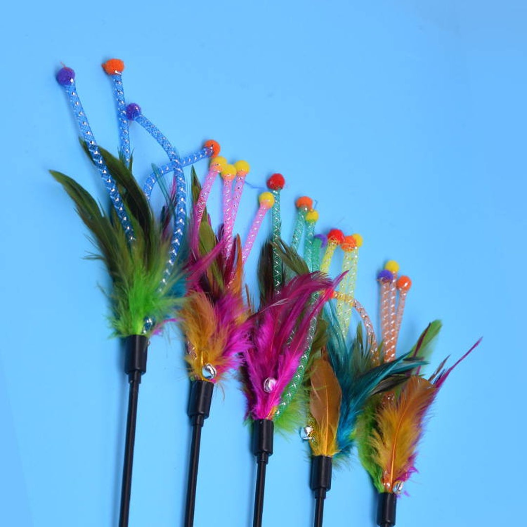 Feather Cat Toy Wand With Bell, Feathers and Detachable Bell on Long