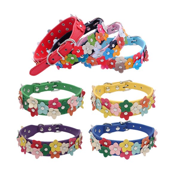 Cute PU Leather Dog Collar with Adorable Flowers for X Small, Small, Medium size dogs and puppies