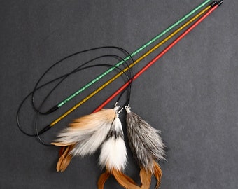Cat Toy Wand on a String With Fox Fur and Feather, Toy on Stick with a String