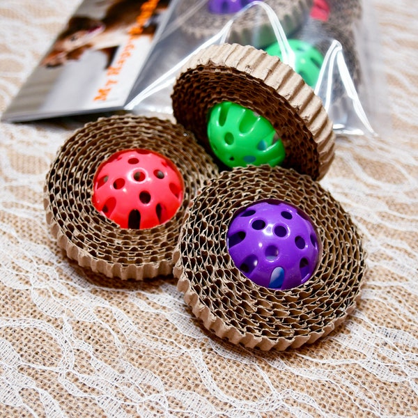 Cat toy set, Small cat scratcher cardboard with a ball and bell cat toy. Set of 3.
