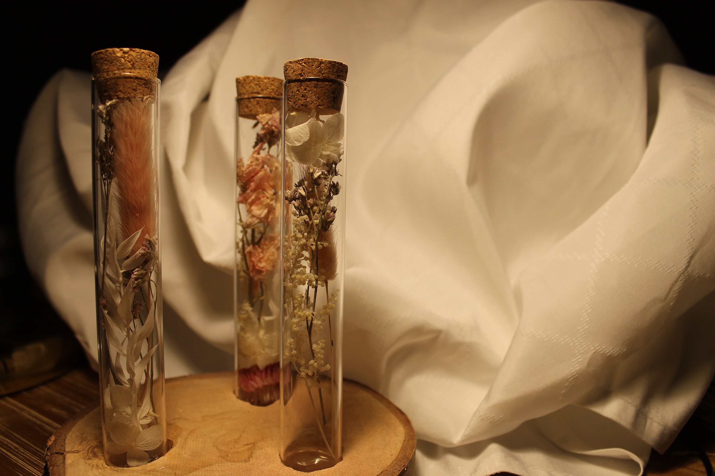 Fioles Fleuries sur Rondin de Bois