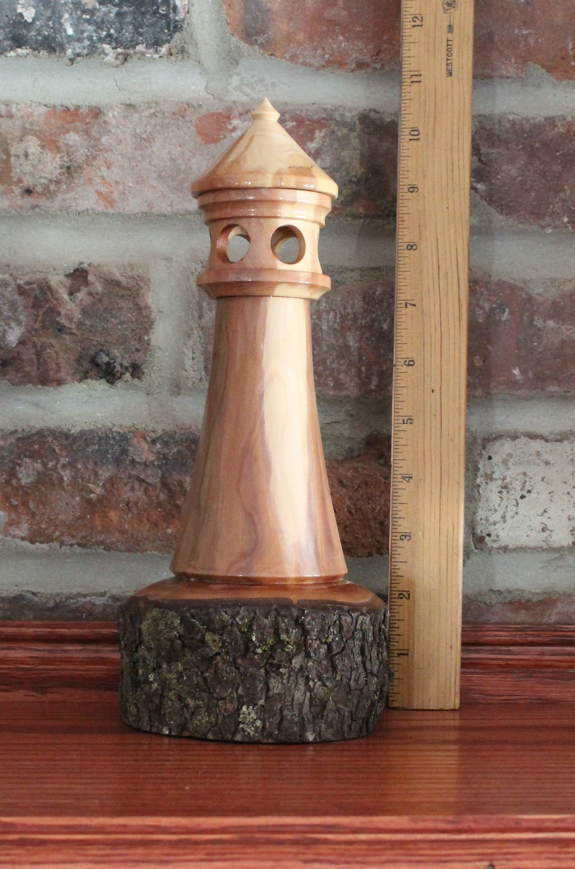 Hand Turned Wood Lighthouse With Light Etsy