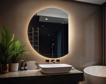 Semicircle Mirror with LED I 3 light options I Scandinavian LED Mirror, Irregular Frameless Mirror, Bathroom LED Mirror, Handmade Mirror
