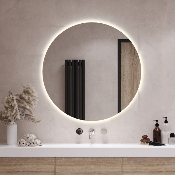 Miroir rond avec LED I 3 options d'éclairage I Miroir de maquillage, éclairage LED, miroir de salle de bain, miroir asymétrique, design moderne, fait main