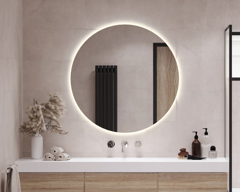 Miroir rond avec LED I 3 options d'éclairage I Miroir de maquillage, éclairage LED, miroir de salle de bain, miroir asymétrique, design moderne, fait main image 1