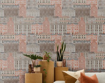 Old Europe Houses Wallpaper, Removable Wallpaper, Orange Wallpaper, Brown Wallpaper, Architecture Wallpaper, Mosaic Wallpaper, Boho Decor