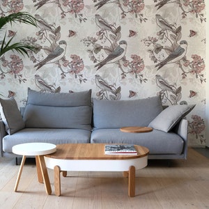 Romantic Birds on the Branch Wallpaper, Removable Wallpaper, Gray