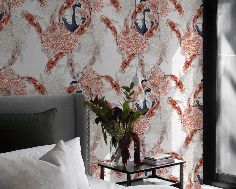 Koi Fish Wallpaper Removable Wallpaper Orange Wallpaper Etsy
