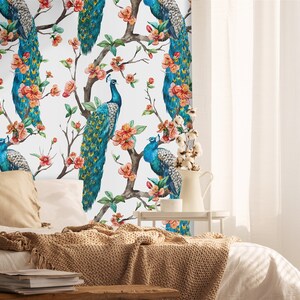 Peacock With Japanese Flowers Wallpaper Removable Wallpaper - Etsy